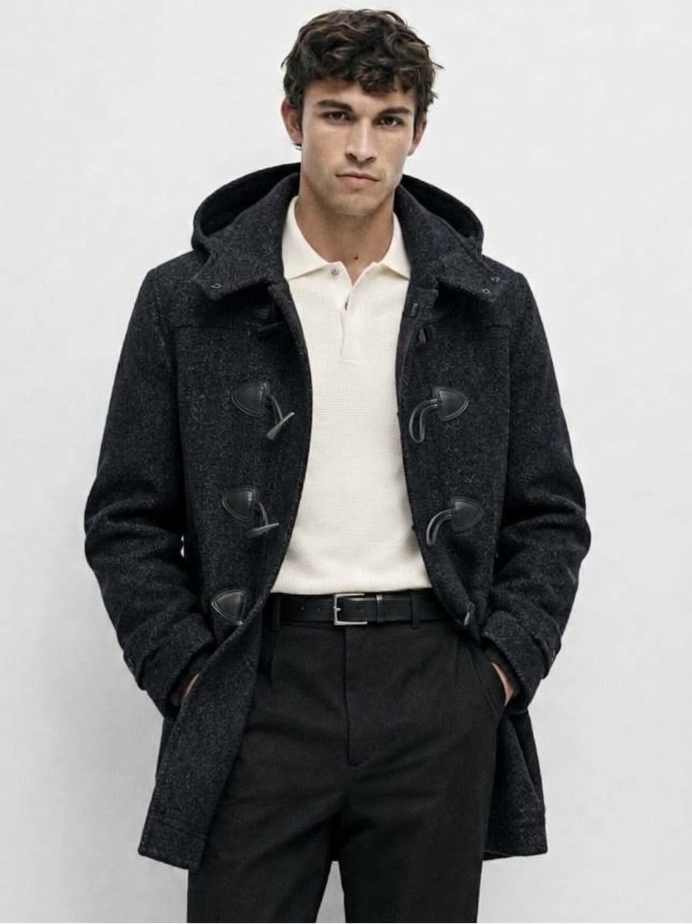 Express Black Toggle Paddington Duffle Hooded Wool Blend Tweed Coat Size Small